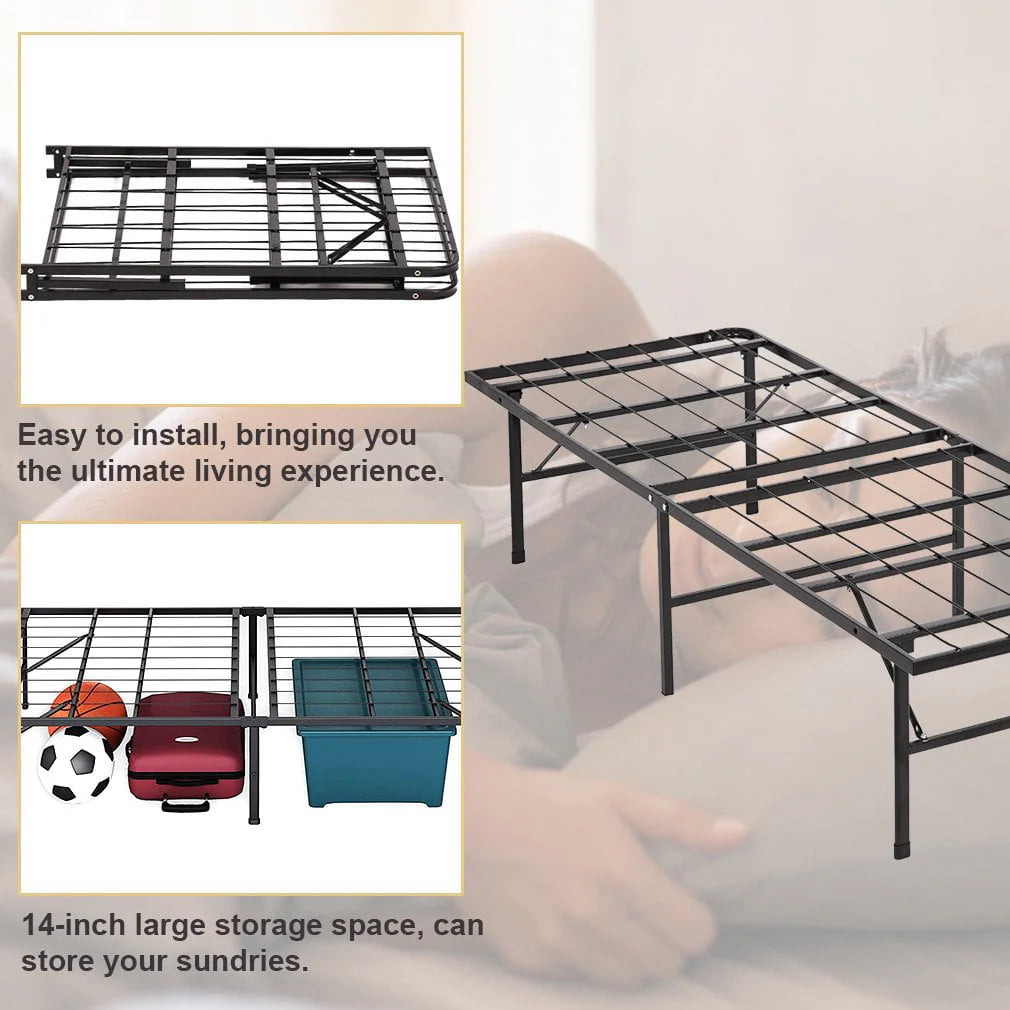 Platform Bed Frame Twin Metal Folding Base Mattress Foundation Frame 14 Inch Portable Heavy-Duty Replaces Box Spring with Black Steel