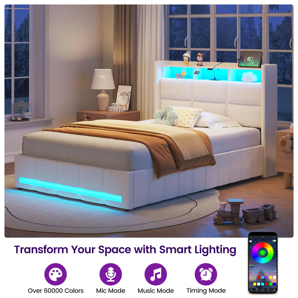 Greenstell Twin Size Lift up Hydraulic Platform Storage Bed Frame with Led Light & Charging Station, Fabric Channel Wingback Headboard, Dark Gray