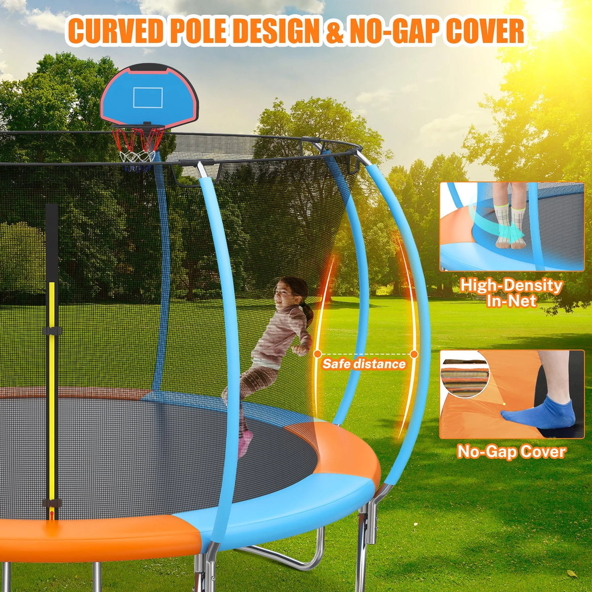 Trampoline Outdoor, 14FT Kids Trampoline with Enclosure Net and Ladder, Upgrade All-Weather Round Trampoline Curved Design with 5 Heavy-Duty Steel Legs