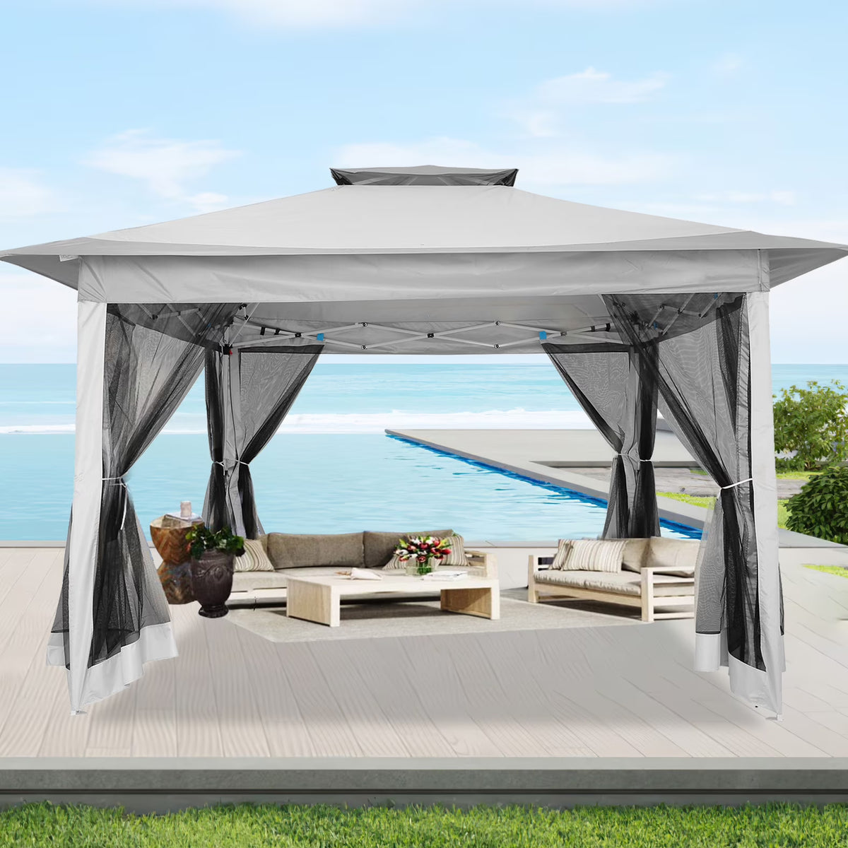 HOTEEL 11x11 Outdoor Waterproof Gazebo, Pop up Canopy Gazebo with Mosquito Netting & UV Protection for Parties, Camping, Weddings, and Backyard Events, Gray