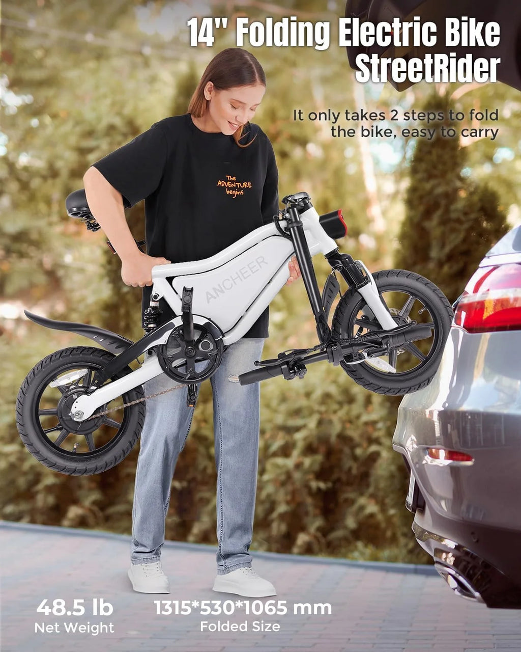 ANCHEER Peak 500W Electric Bike for Adults, Foldable Electric Bikes with 48V 374Wh Battery, 14" Electric Bicycle for Men Women, LCD Digital Display, Cruise Control Ebikes, Dual Suspension Fork UL2849