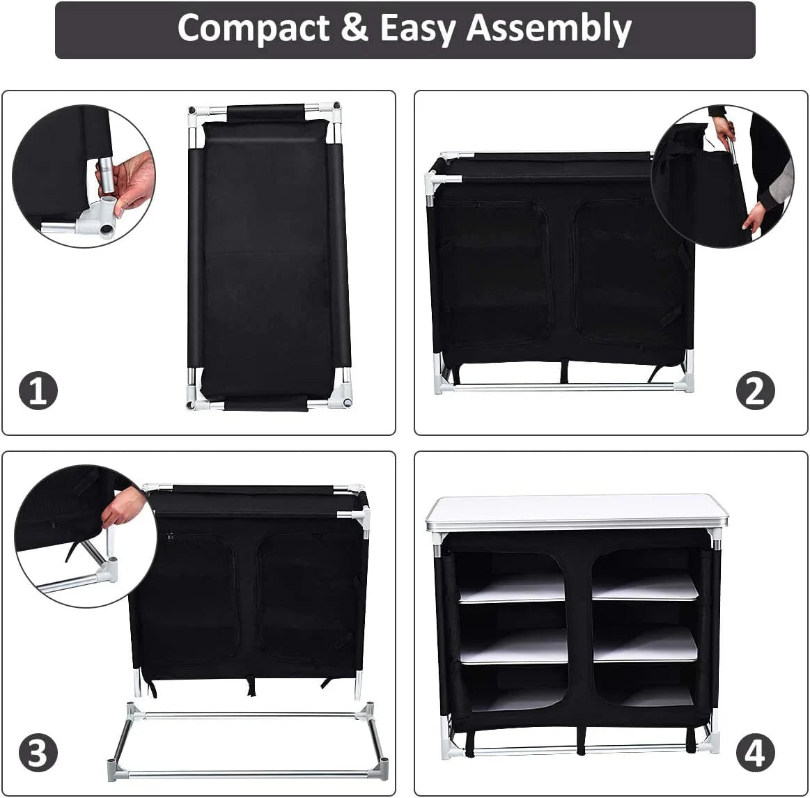 Cook Table Kitchen Station with Storage Organizer and Carrying Bag, for BBQ Party, Picnics, Backyards, Tailgating, Portable, Black