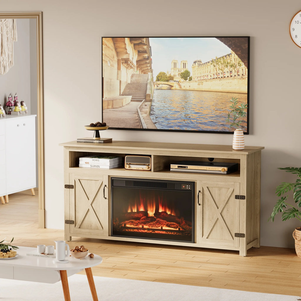 Homall Rustic 65" Television Stand with Electric Fireplace & 2 Shelves, Wood Oaken, 15.1'' W