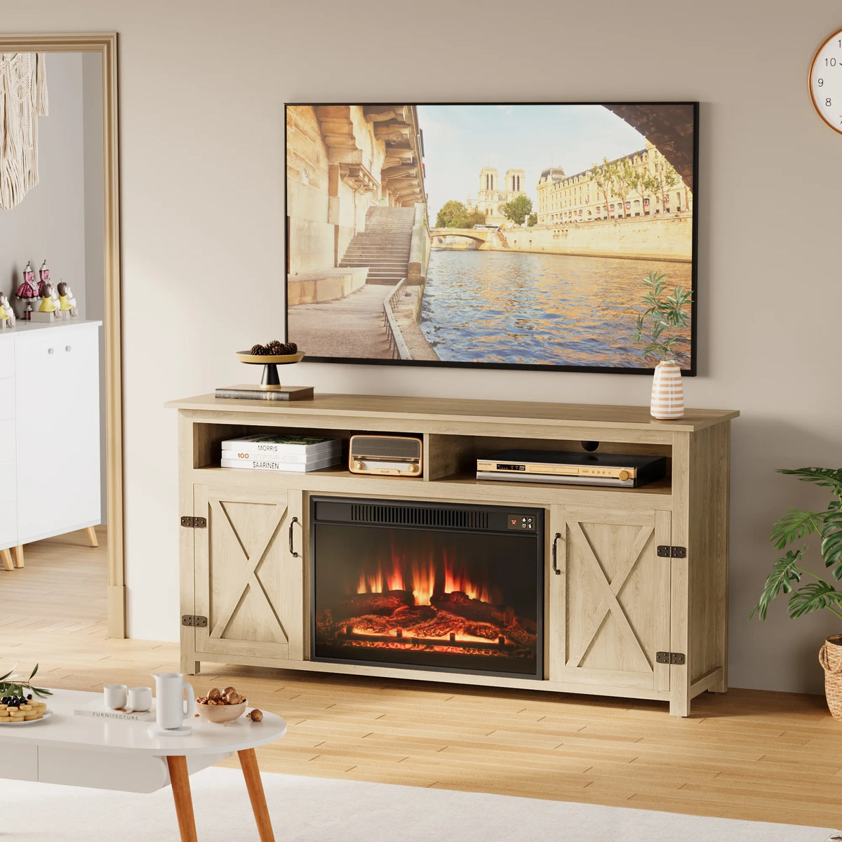 Homall Rustic 65" Television Stand with Electric Fireplace & 2 Shelves, Wood Oaken, 15.1'' W