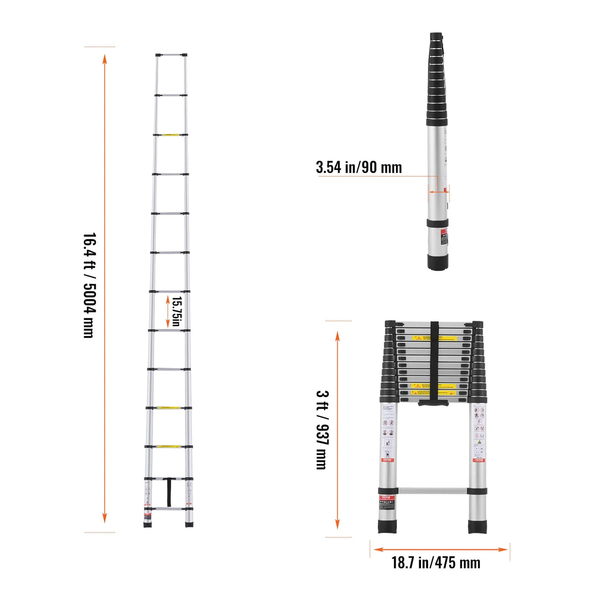 VEVOR Telescoping Ladder, 16.4FT Aluminum Lightweight Extension Ladder, Multi-button Retraction Collapsible Ladder, 375 LBS Capacity with Non-slip Feet, Portable Compact Ladders for Home, RV, Loft