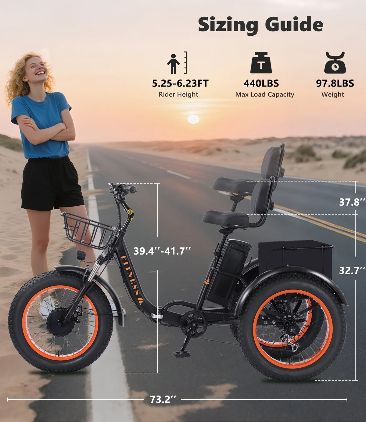 YEBEI Electric Tricycle for Adults Folding E-Trike Motorized Tricycle Electric 3 Wheels Trike Powerful 500W Motor Electric Tricycle 48V15AH Lithium Battery Max 20MPH 20*4.0 Fat Tire Orange