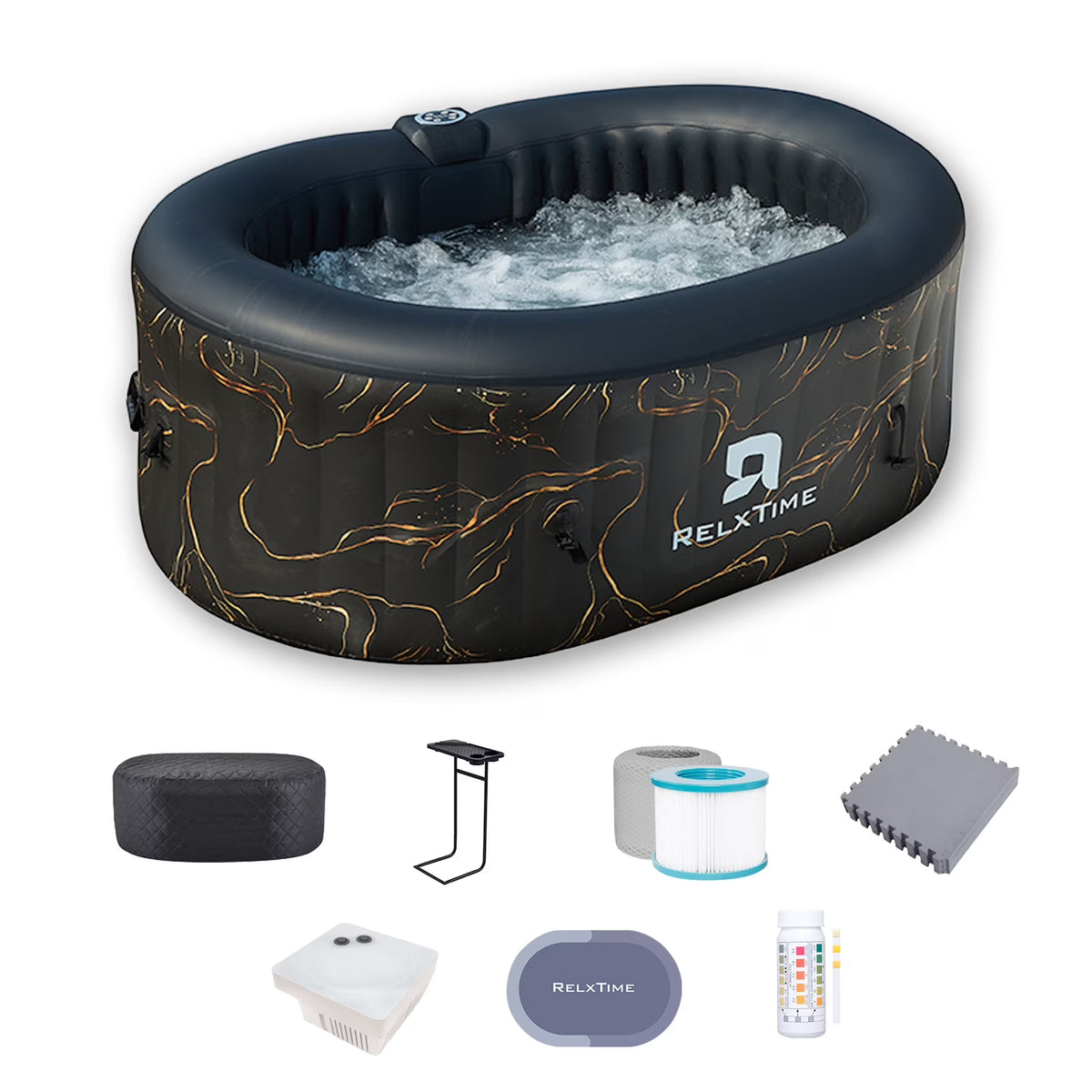 RELXTIME 2 Person Oval Inflatable Hot Tub Set Outdoor Spa with 100 Massage Jets, LED Light , Black