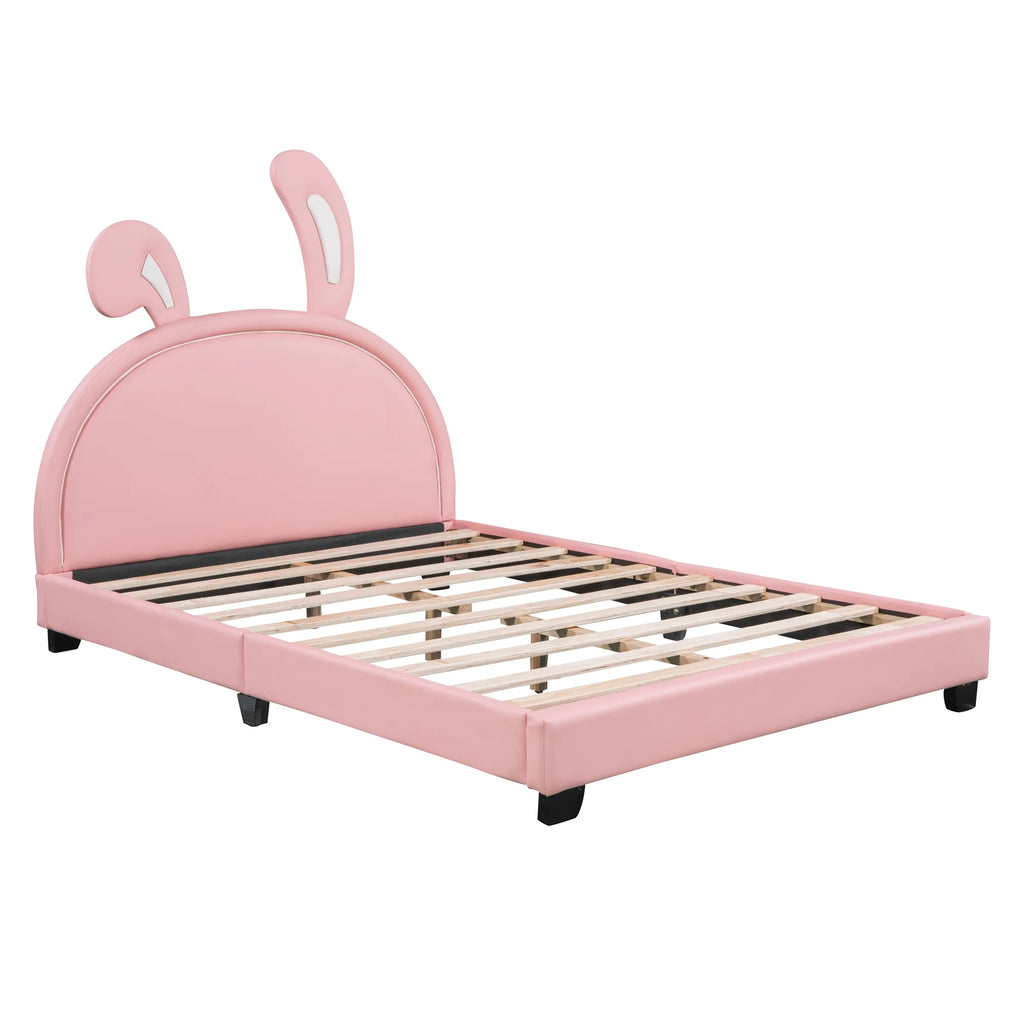 Euroco Upholstered Full Size Platform Bed, PU Cartoon Bunny Bed for Kids, Gray