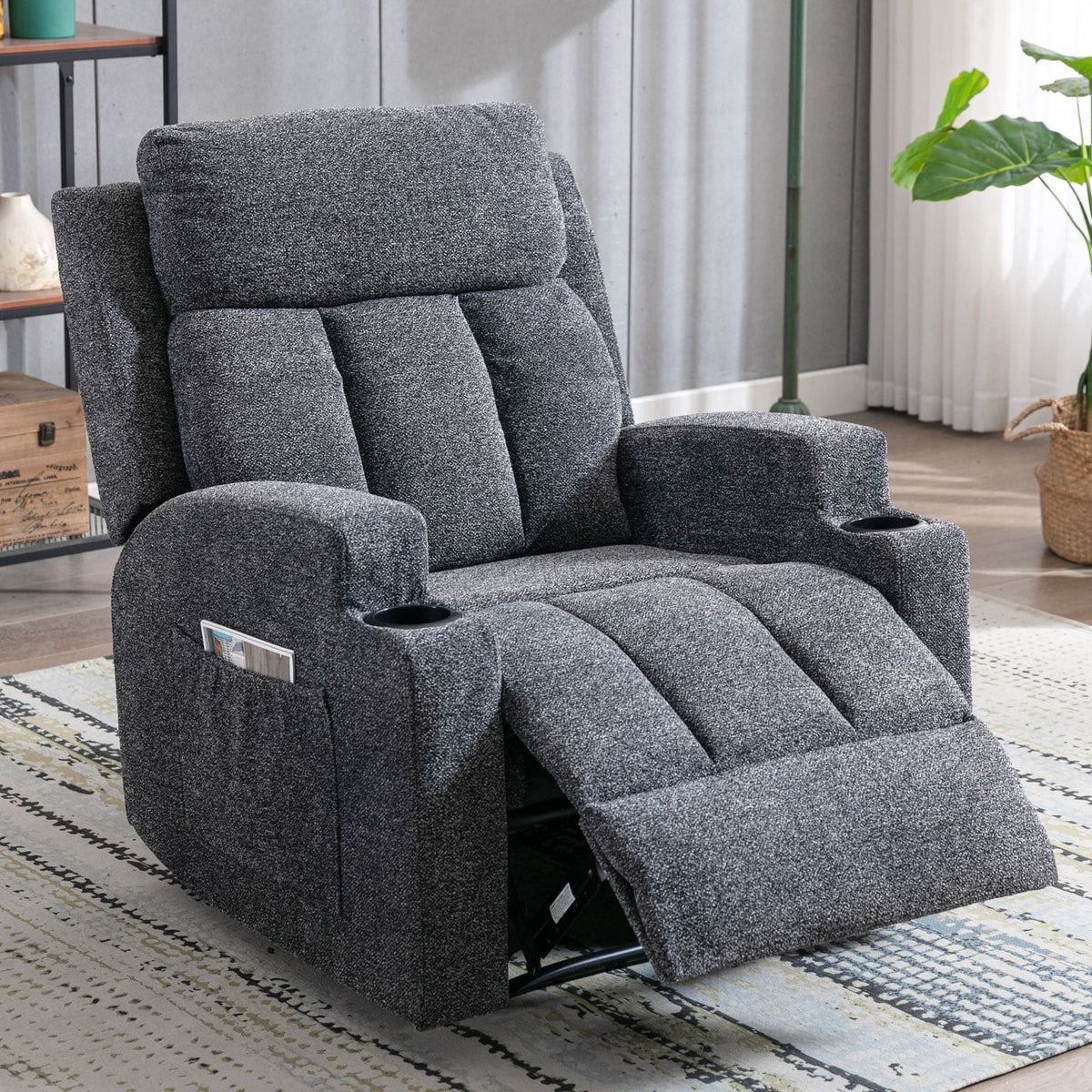 Bonzy Home Heated Manual Massage Recliner with Cup Holder Padded Breathable Fabric Recliner, Home Theater Seating Navy