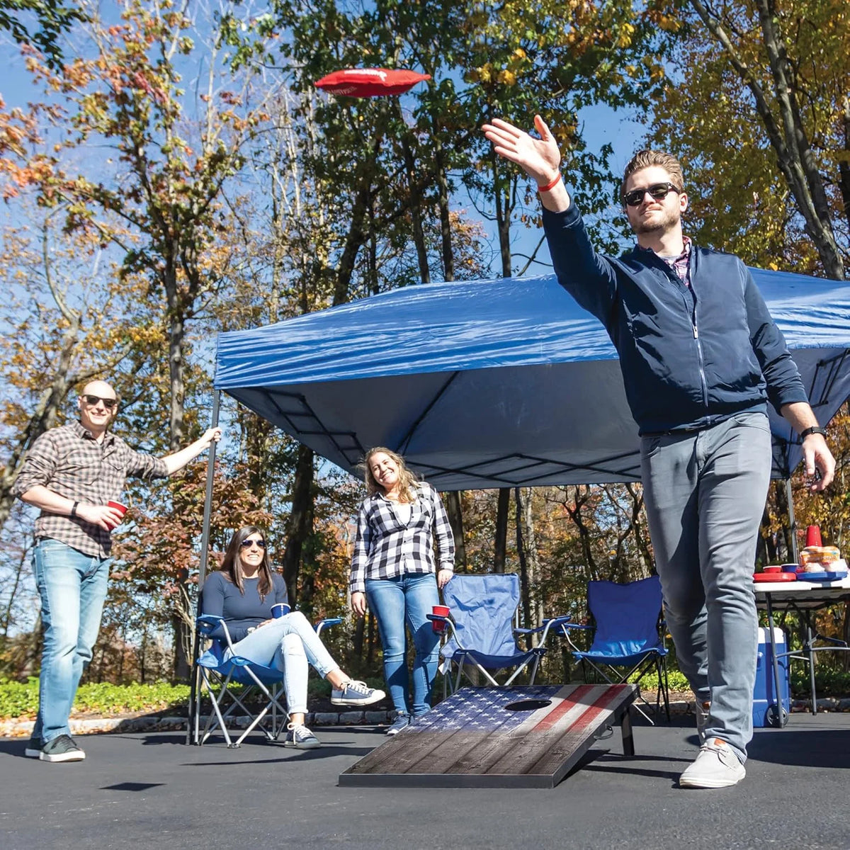 Wild Sports 2'x3' Cornhole Outdoor Game Set, USA Flag or Natural Wood Options with Carry Bag Included