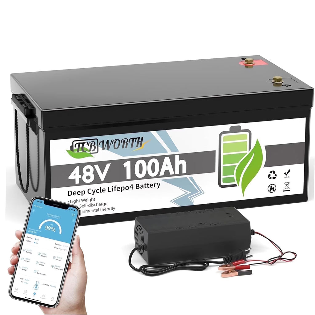 48V 100Ah LiFePO4 Lithium Battery Bluetooth,TCBWORTH Golf Carts Batteries for RV,Camping,Solar,Marine,Home Energy Storage,Built in 200A BMS,15000+Deep Cycles,2C Rate Discharging