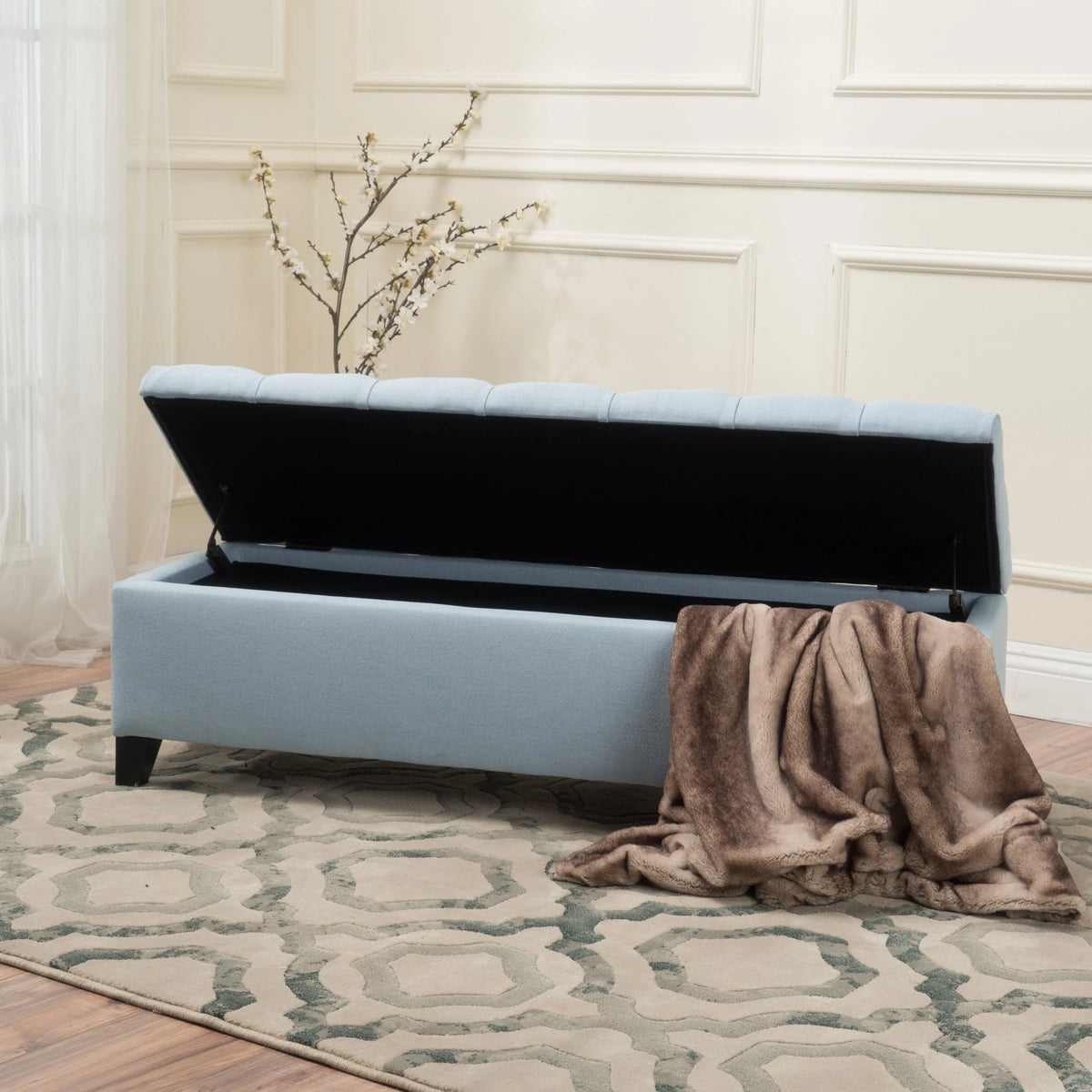 Noble House Hampton Contemporary Fabric Upholstered Storage Ottoman, White and Blue Floral