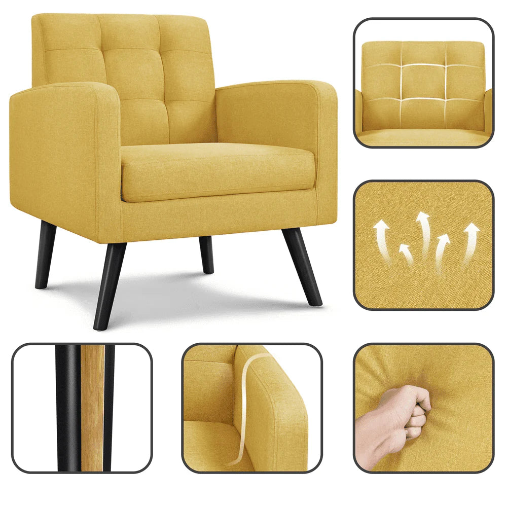 Smile Mart Modern Tufted Accent Arm Chair with Rubber Wood Leg for Living room, Yellow