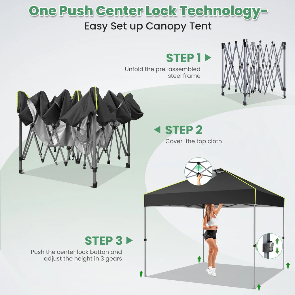 Hoteel Canopy 10x10 Pop Up Canopy Tent 1-Button Push Easy up Outdoor Canopy Instant Portable Commercial Shelter Waterproof UPF50+ Gazebo with Reflective Strip, Air Vent & 4 Sandbags, Black