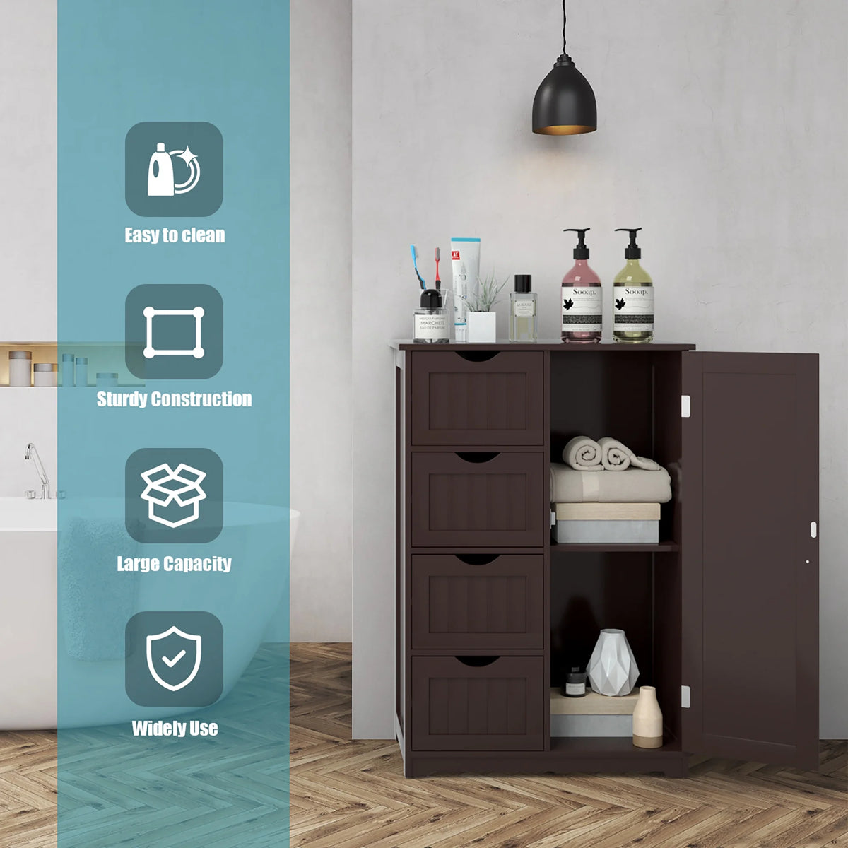 Bathroom Storage Wooden 4 Drawer Cabinet Cupboard 2 Shelves Free Standing White