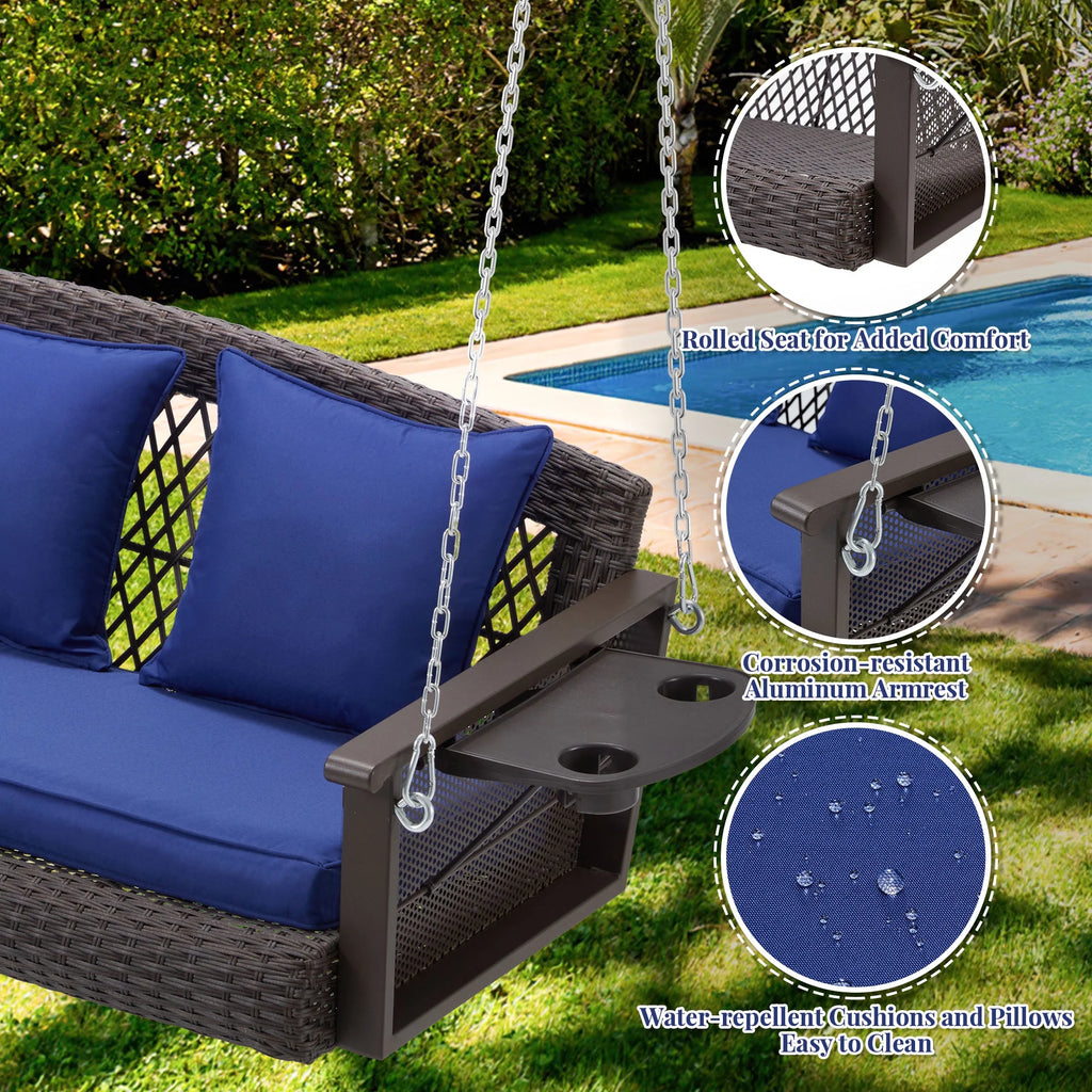 Homrest 3-Person Porch Swing 55in Wicker Hanging Swing Bench with Cushions and Cupholders for Deck, Garden and Backyard, Beige