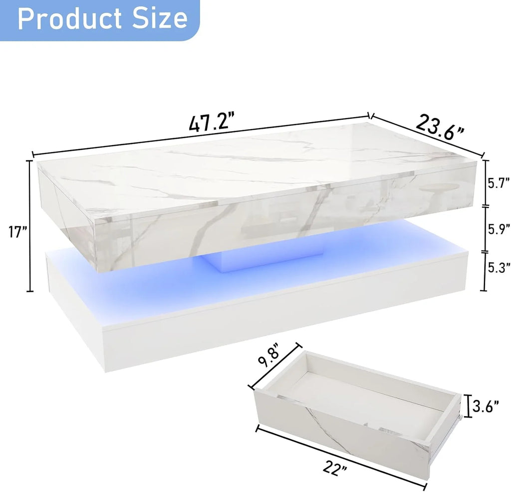 ChVans Large Black LED Coffee Table with 2 Storage Drawers, Modern High Gloss Coffee Table w/20 Colors LED Lights/APP Control, 2 Tiers Rectangle Large Living Room Furniture w/Marbling Print(47.3")