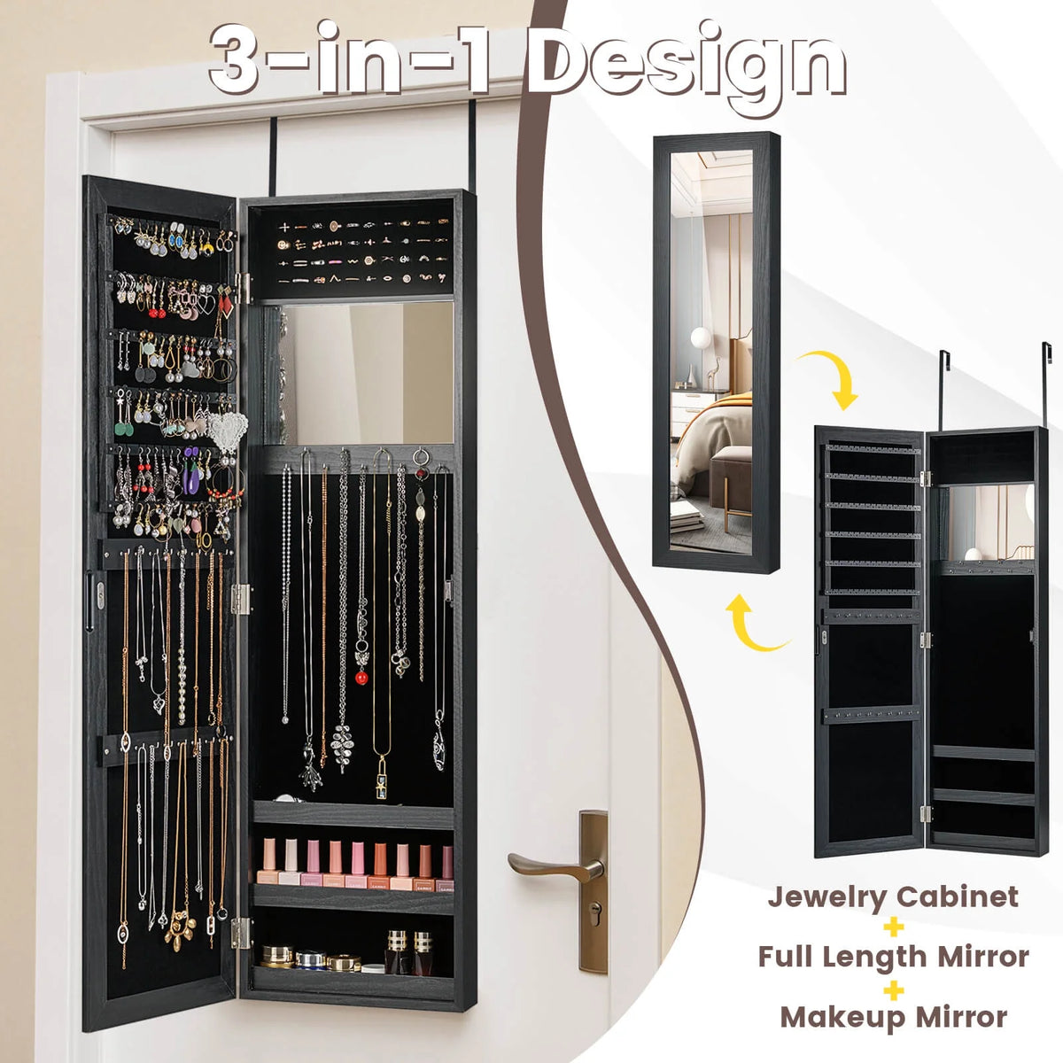Costway Wall Door Mounted Mirrored Jewelry Cabinet Storage Organizer-Black