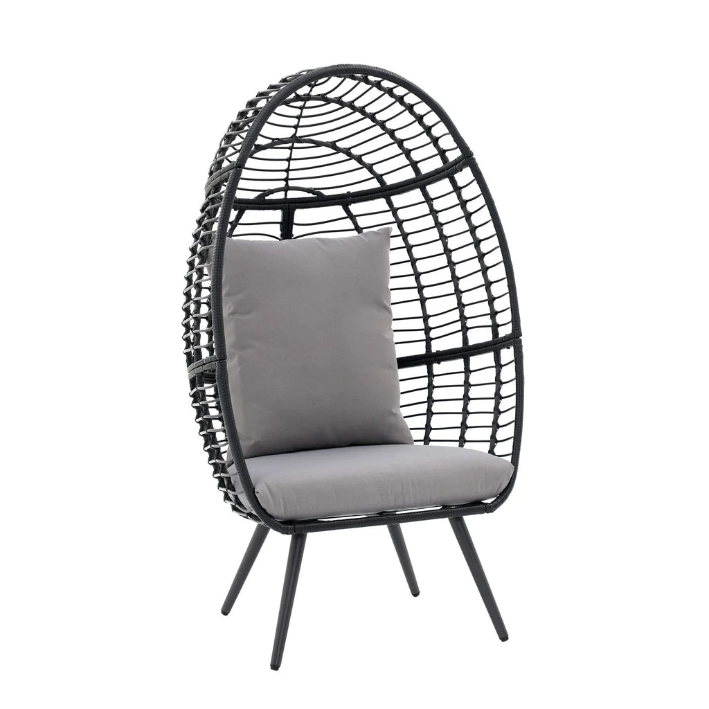 Indoor Outdoor Swing Egg Chair with Stand, Patio Foldable Grey Wicker Rattan Hanging Chair with Cushion, Light Gray