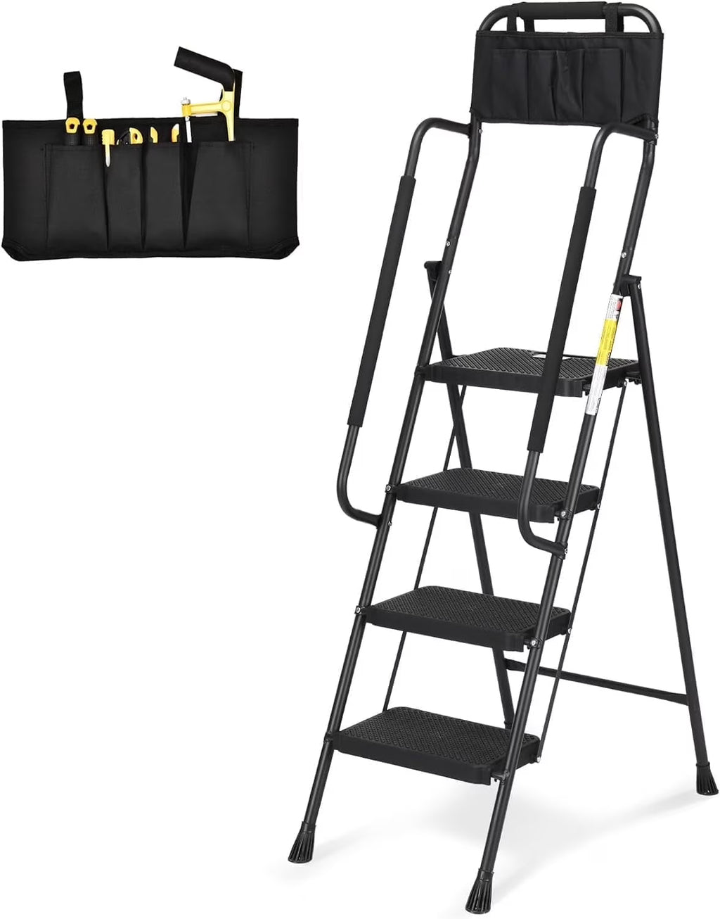 HBTower 4 Step Ladder with Handrails and Tool Bag, Folding Step Stool with Attachable  Anti-Slip Wide Pedal, Black