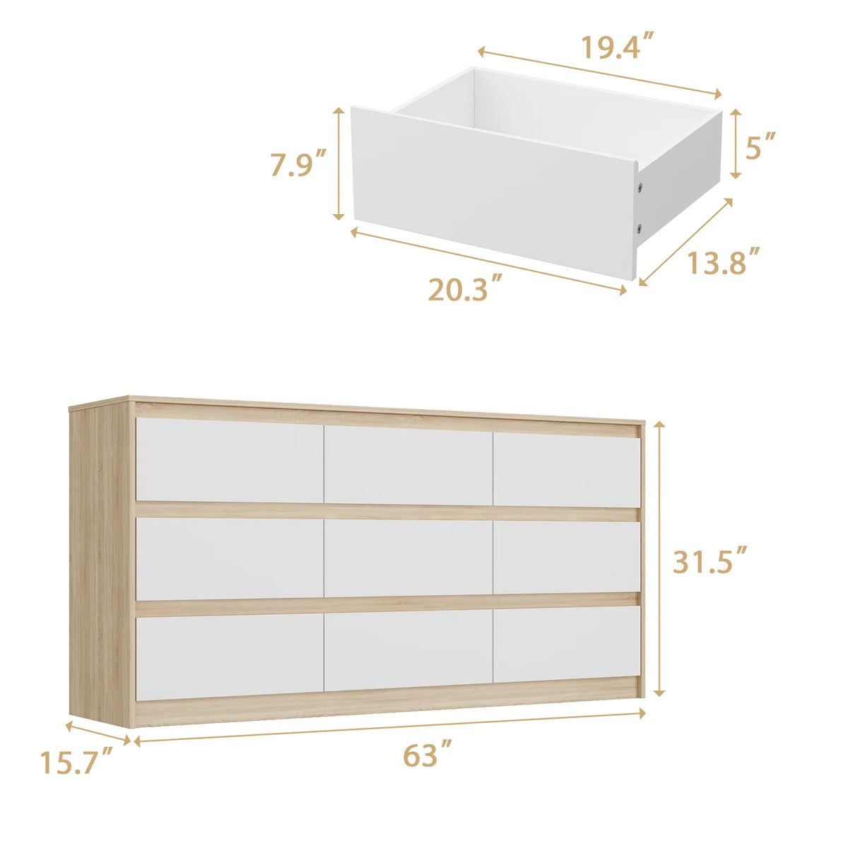 KULAGAGA 9 Drawer Dresser Chest of Drawers, 63 Wide Dressers, Modern Wood Drawer Chest Storage Organizer, No Handle Design for Bedroom Living Room Hallway, White