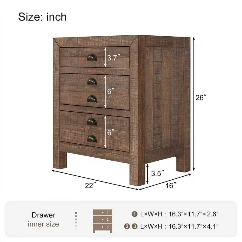 Rustic Farmhouse Style Three-Drawer Solid Pine Wood Nightstand  Set of 2,with Cup Pulls and Integrated Charge Station