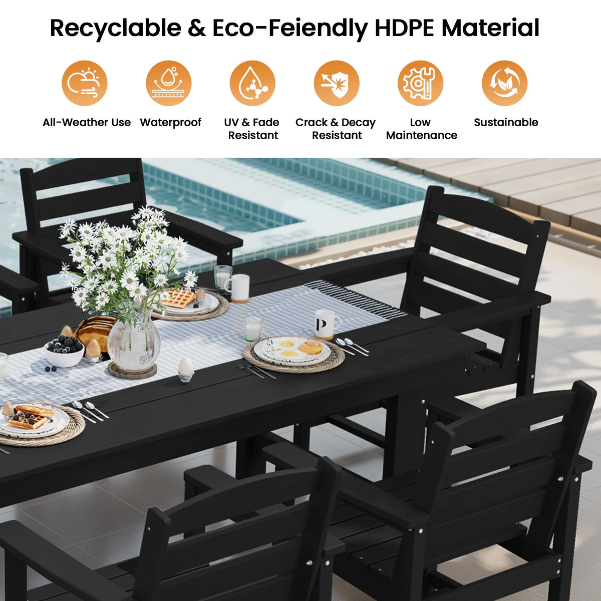 KINGYES 7-Piece Outdoor Dining Set, HDPE Patio Table and Chairs with Umbrella Hole, Gray