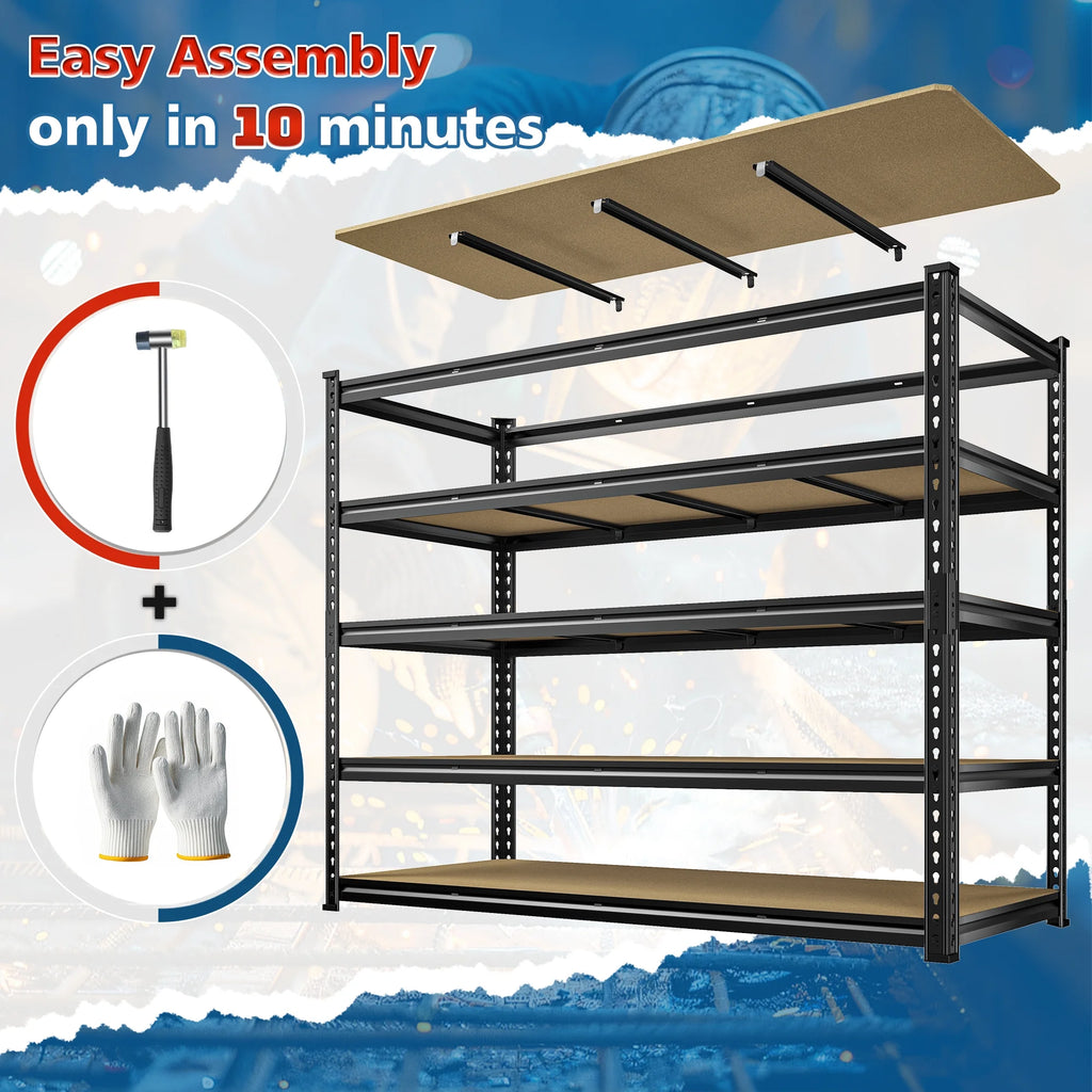 REIBII 60" W Garage Shelving 3000LBS Heavy Duty Storage Shelves Adjustable 5 Tier Metal Storage Rack,60" W x 24" D x 72" H