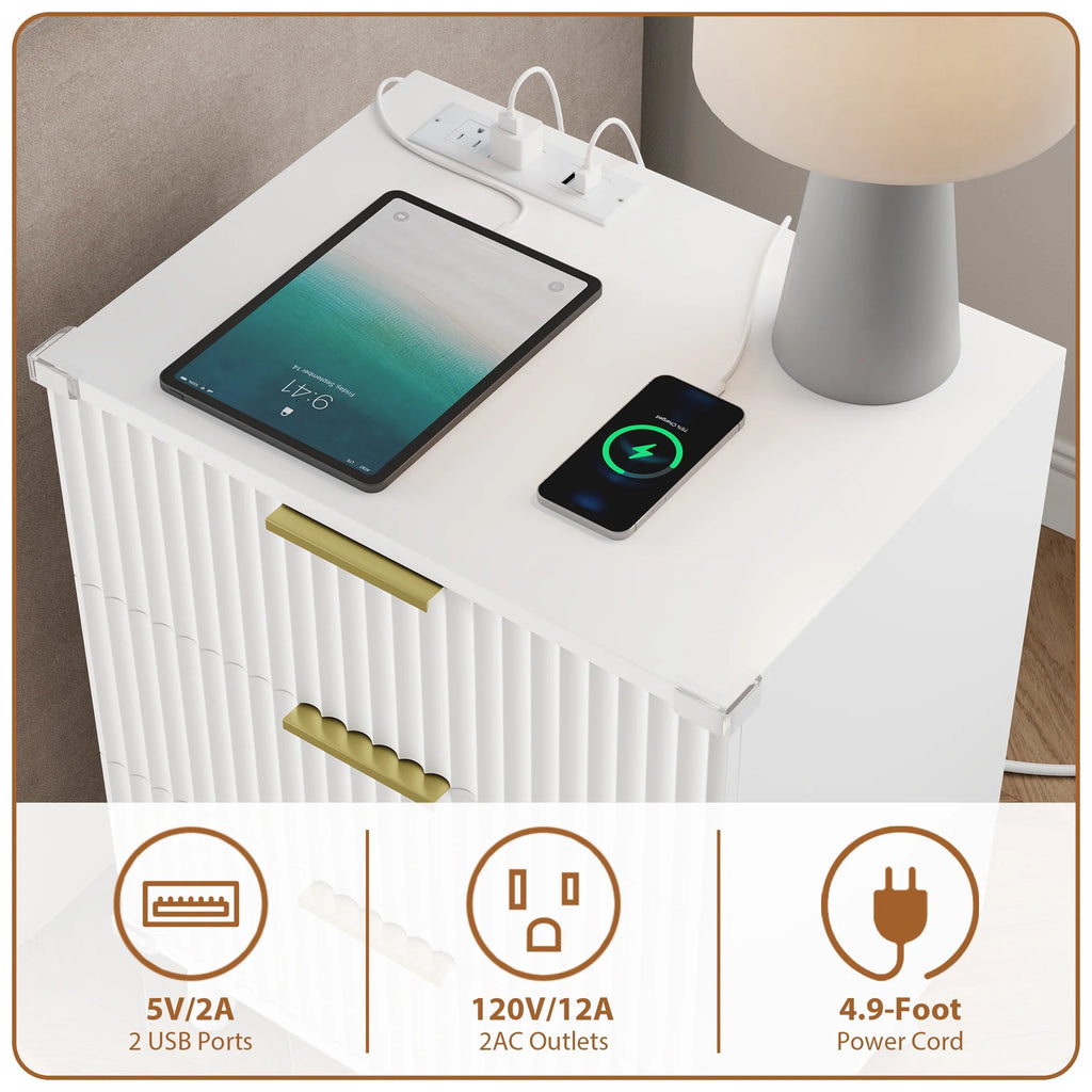 GIKPAL Night Stands for Bedroom, Modern Bedside Table with 3 Drawers & Charging Station,Fluted Panel End Tables for Bedroom  & Living Room, Natural