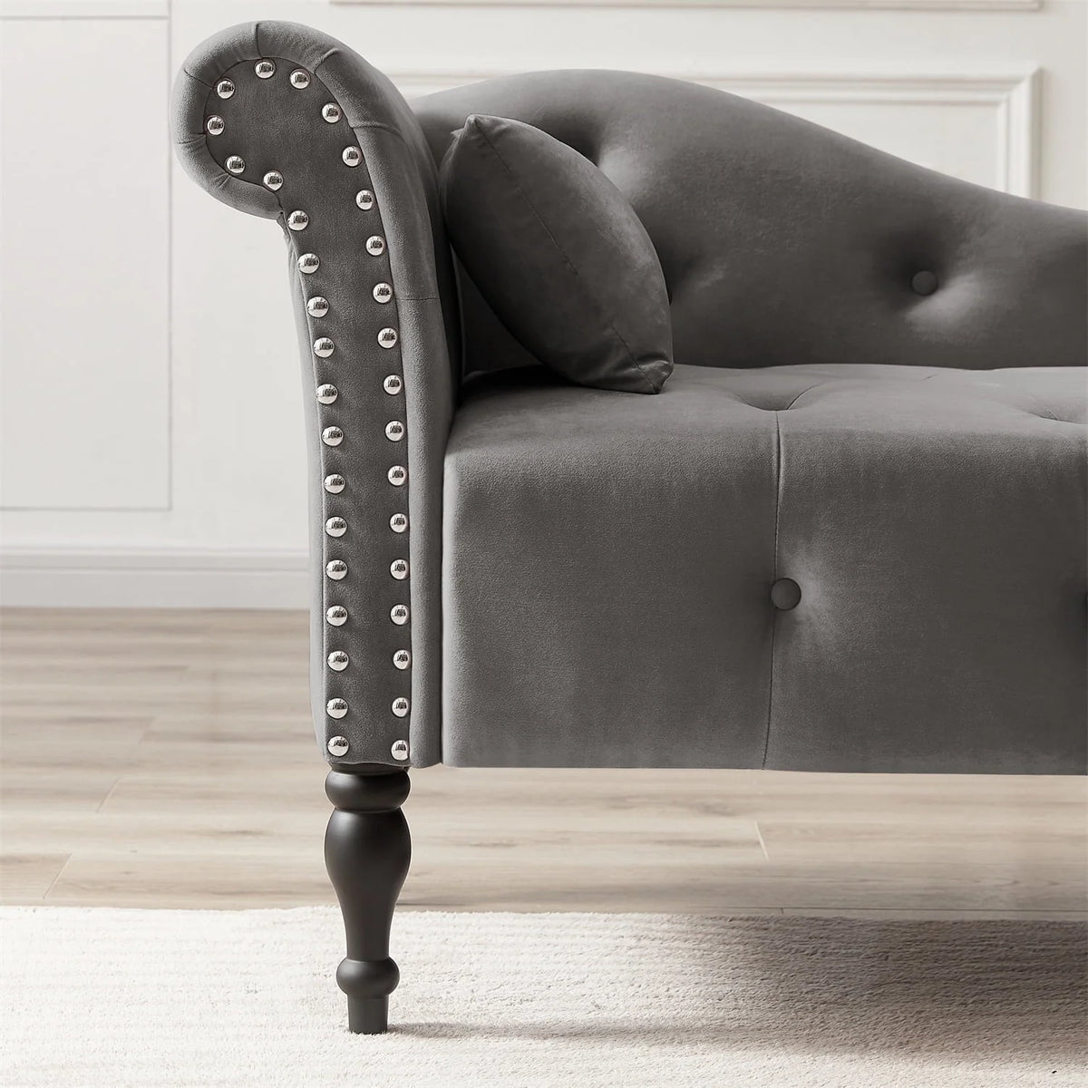 Chaise Lounge Chair, 60.6" Velvet Button Tufted Upholstered Lounge Couch with Solid Wood Legs and Pillow Elegant Couch Sleeper with Nailhead Trim & Armrest Chaise Lounge Indoor for Living Room, Grey