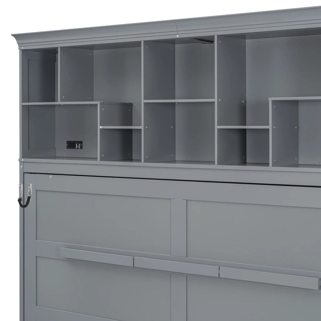 Queen Size Murphy Bed Wall Bed with Top Shelves & USB Charging, Space-Saving Cabinet Bed with Flexible Slats, Gray Modern Foldable Bed