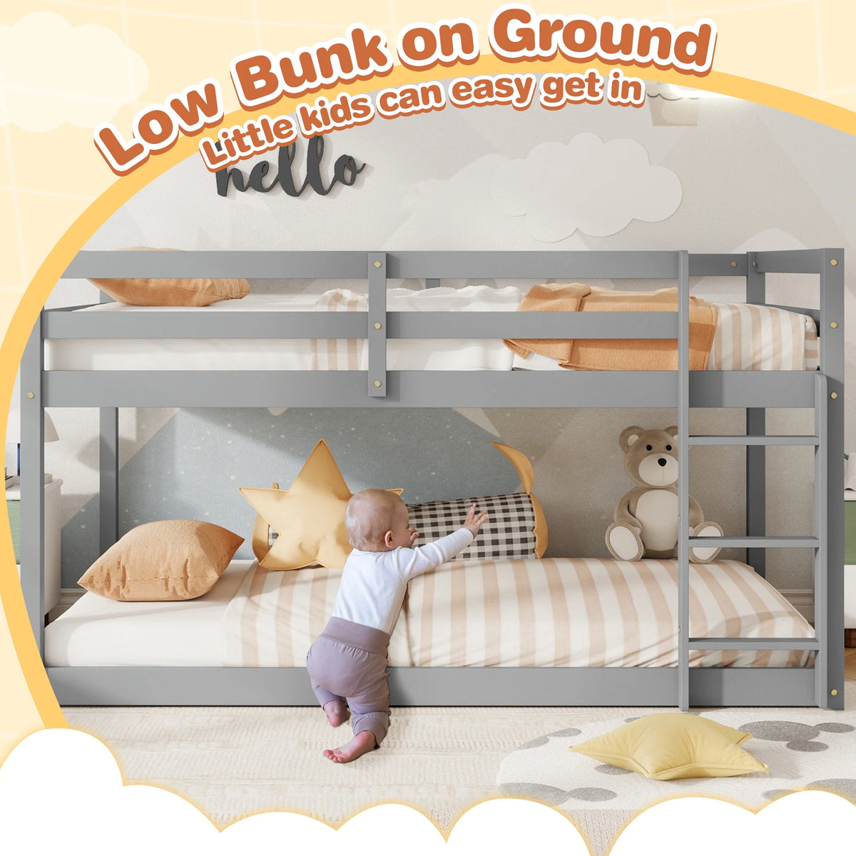 SESSLIFE Bunk Bed Twin Over Twin, Low Floor Bunk Bed with Guard Rails for Dorm, Small Space, No Box Spring Needed(White)