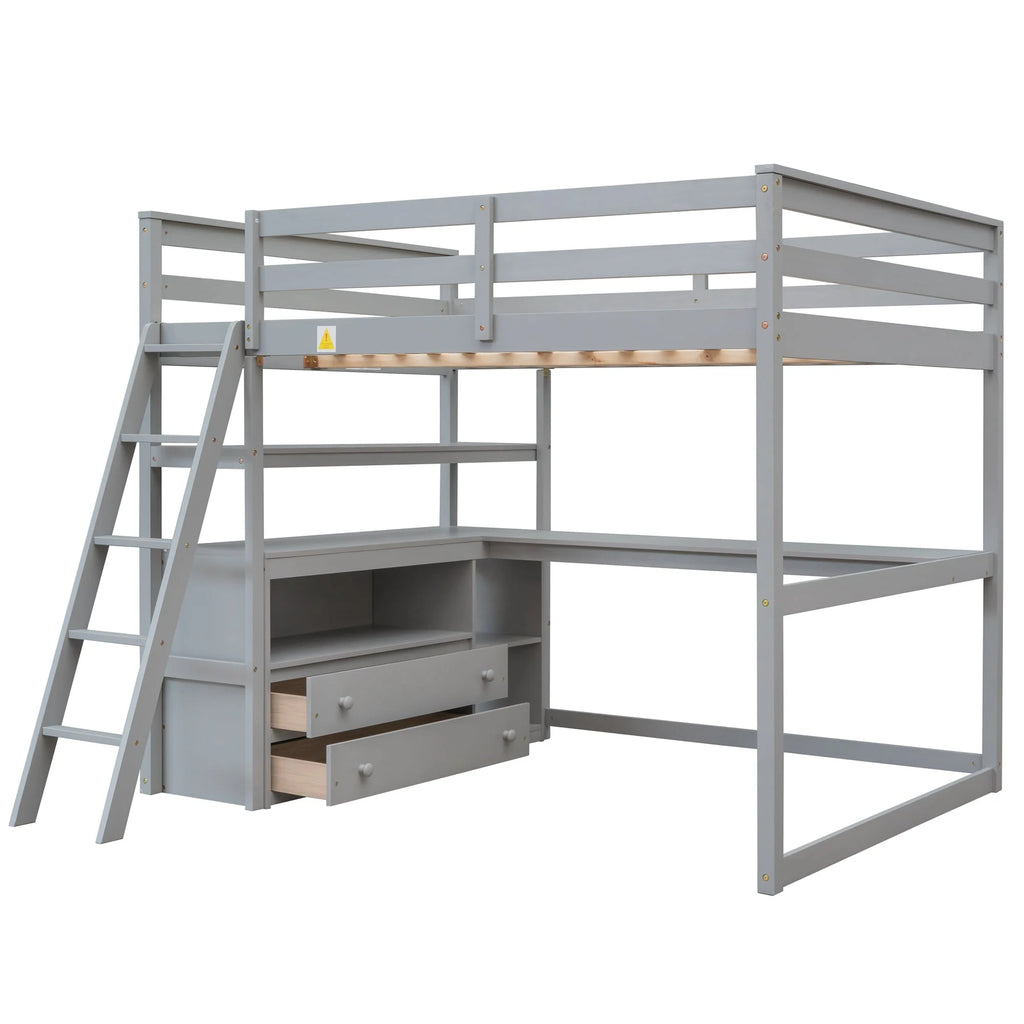 Euroco Full Size Wood Loft Bed with Desk, Shelves and Cabinets for Kids Room, Incline Ladder and 3 Drawers, Gray