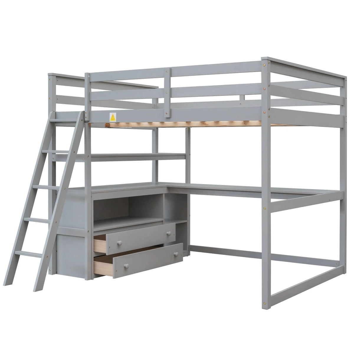 Euroco Full Size Wood Loft Bed with Desk, Shelves and Cabinets for Kids Room, Incline Ladder and 3 Drawers, Gray