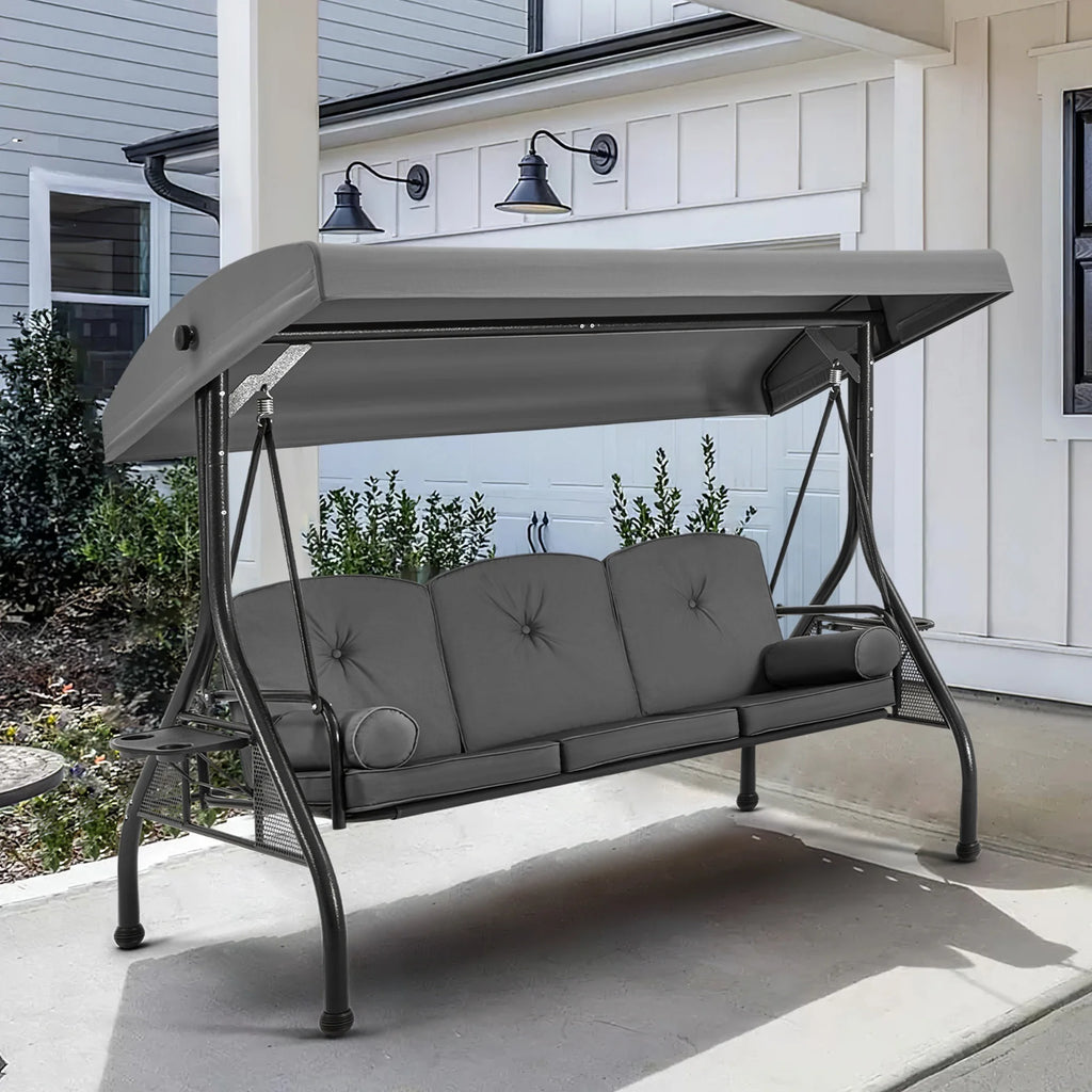 Homrest 3 Seat Outdoor Porch Swing with Adjustable Canopy, Cushions, and Cup Holder - Wine Red