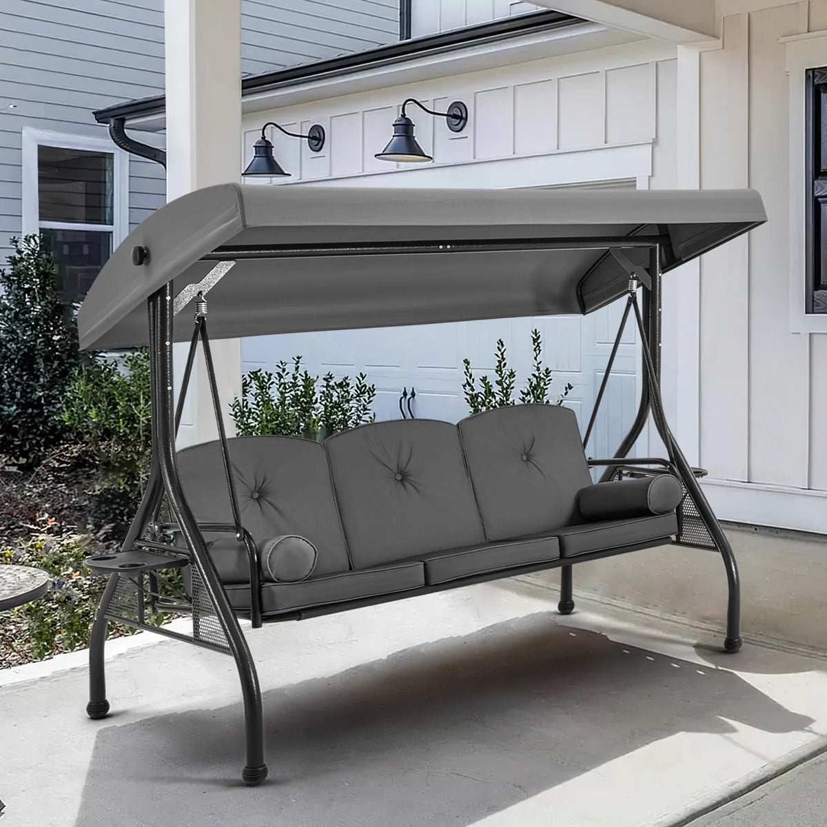 Homrest 3 Seat Outdoor Porch Swing with Adjustable Canopy, Cushions, and Cup Holder - Wine Red