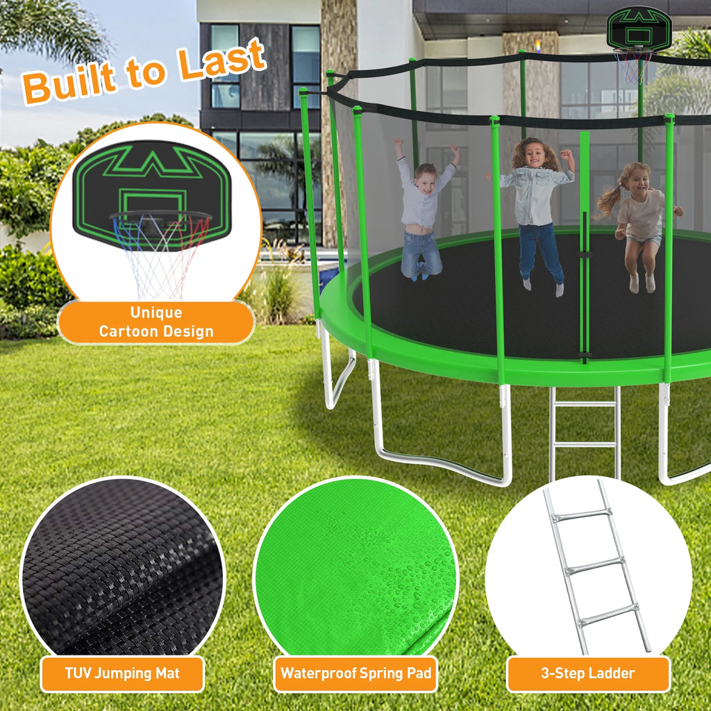 KOFUN Trampoline for Adults and Kids, 16FT 15FT 14FT 12FT 10FT 8FT Trampoline with Basketball Hoop, Enclosure Net, Ladder, Light, Anchor Kits, Heavy Duty Outdoor Backyard Trampolines, Black
