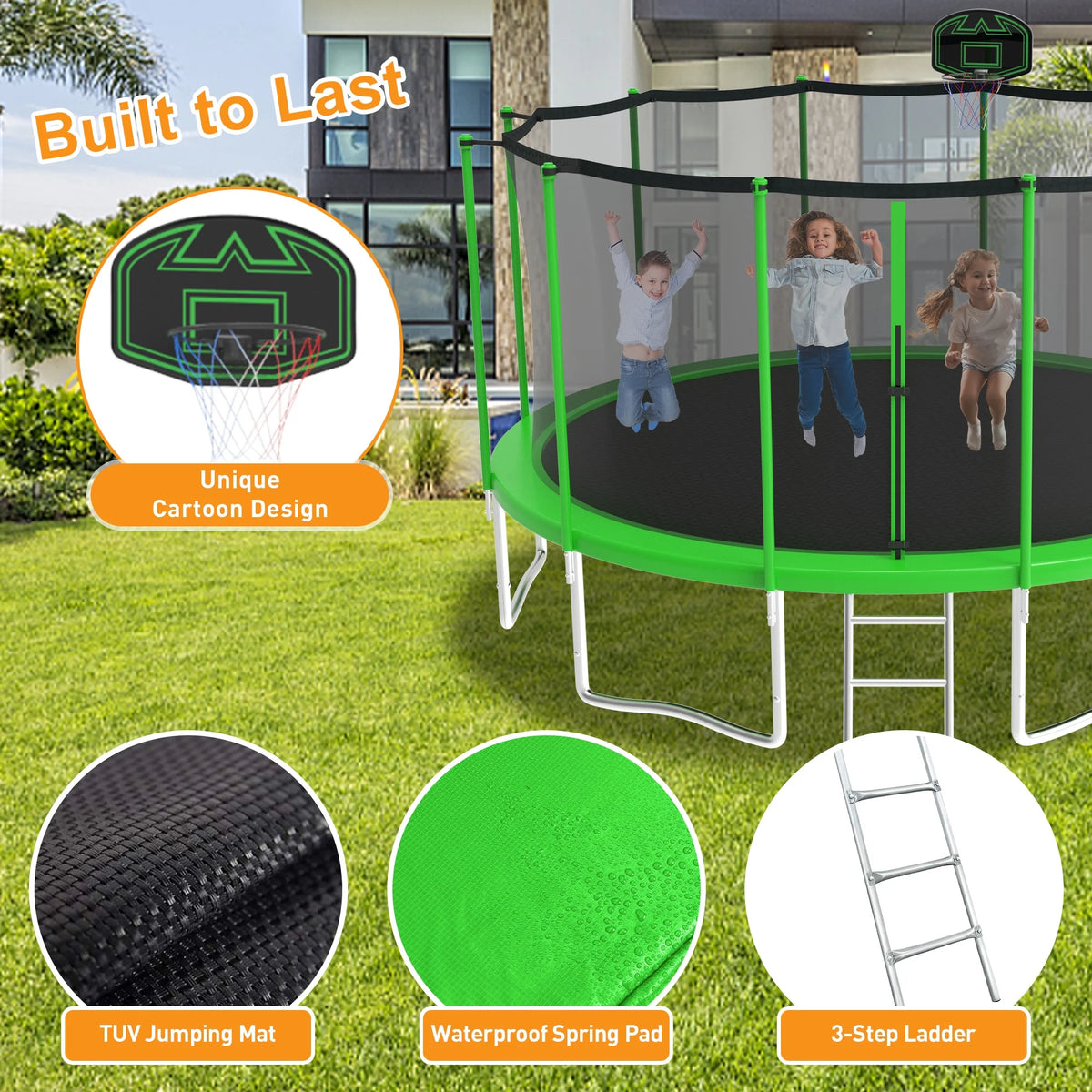 KOFUN Trampoline for Adults and Kids, 16FT 15FT 14FT 12FT 10FT 8FT Trampoline with Basketball Hoop, Enclosure Net, Ladder, Light, Anchor Kits, Heavy Duty Outdoor Backyard Trampolines, Black