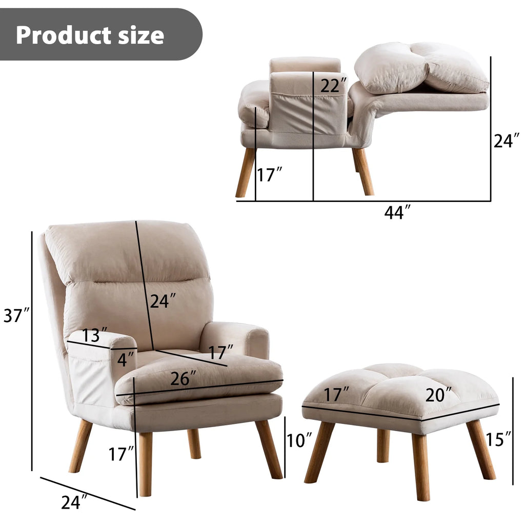 Bestier Adjustable Accent Chairs with Ottoman, Velvet Fabric Armchair for Bedroom Living Room, Comfy Lounge Chair with Padded Backrest and Side Pocket, Soft Reading Chair, Beige