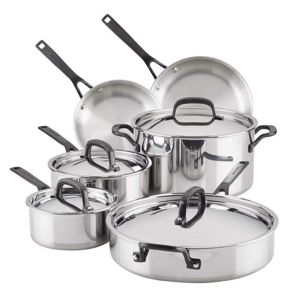 KitchenAid 5-Ply Clad 10 Pcs Stainless Steel Cookware Induction Pots and Pans Set, Dishwasher Safe, Metal Utensil, Broiler and Oven Safe to 500F, Polished Stainless Steel