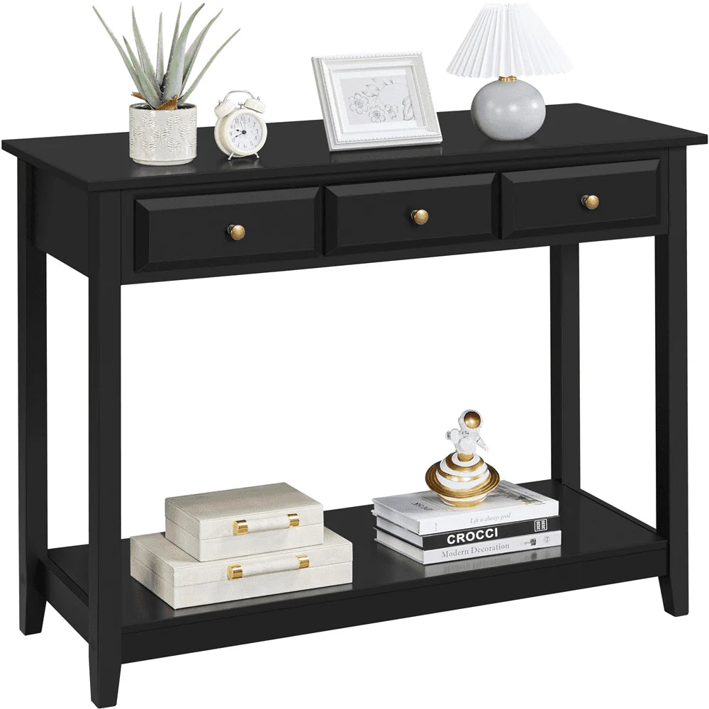 Topeakmart 3-Drawer Wooden Console Table Entryway Table with Storage Shelf Pine Wood Legs, Black