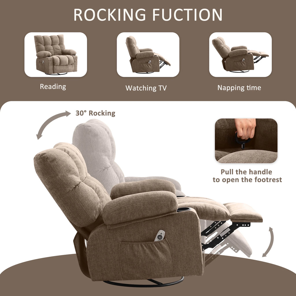 JONPONY Manual Recliner Chair with Heat Therapy and Massage Function, Heavy Duty Reclining Mechanism Massage Chair, Elderly Single Rocker Sofa with Cup Holders for Bedroom Home Theater,Grey