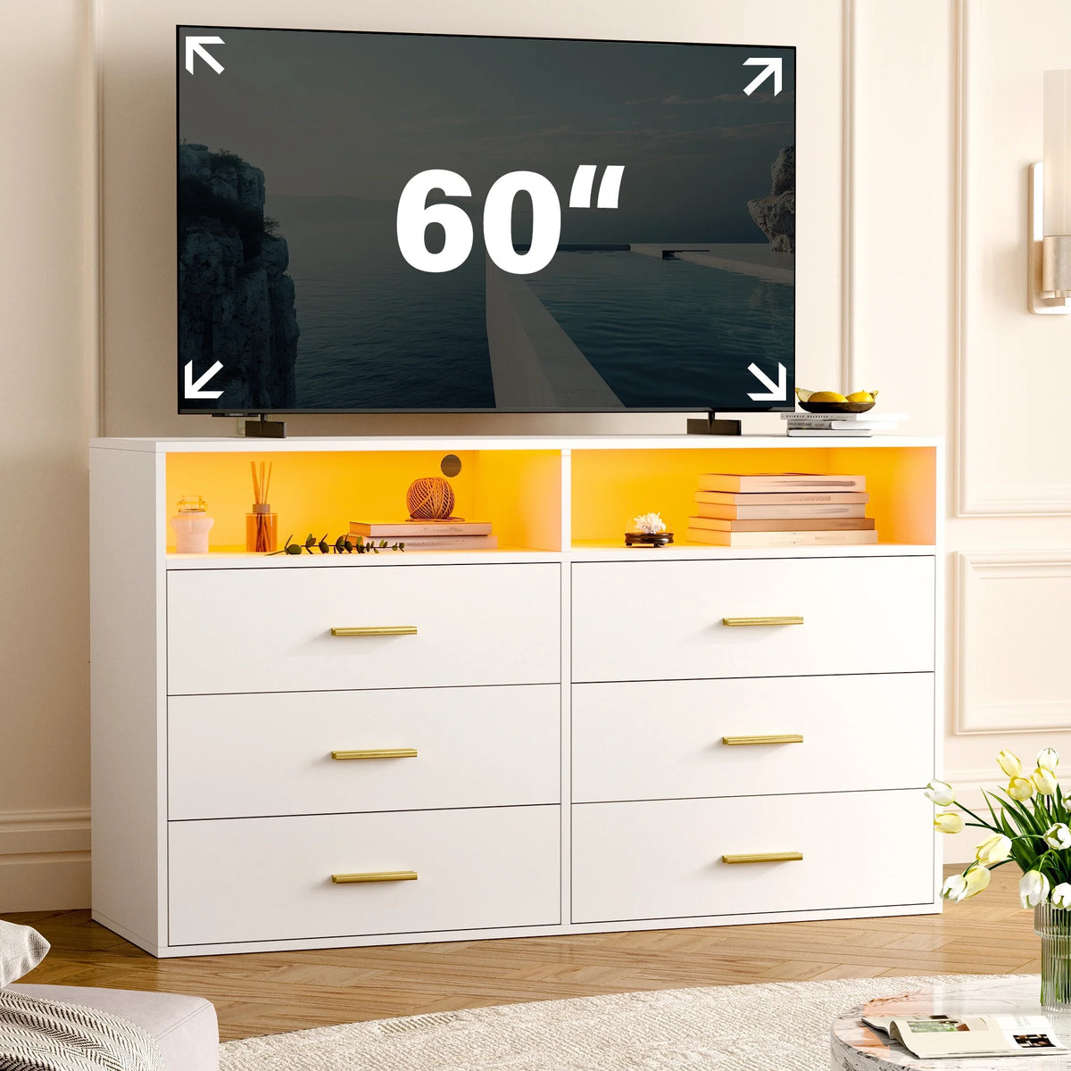 EnHomee Dresser with LED Lights Drawer Dresser with 6 Deep Drawers Wood Dresser for Bedroom TV Stand Dressers & Chests of Drawers Wide Led Dressers,Black