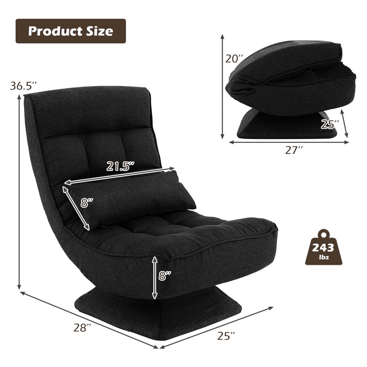 Costway 360 Swivel Floor Chair 5-Level Adjustable Lazy Chair w/ Massage Pillow Black