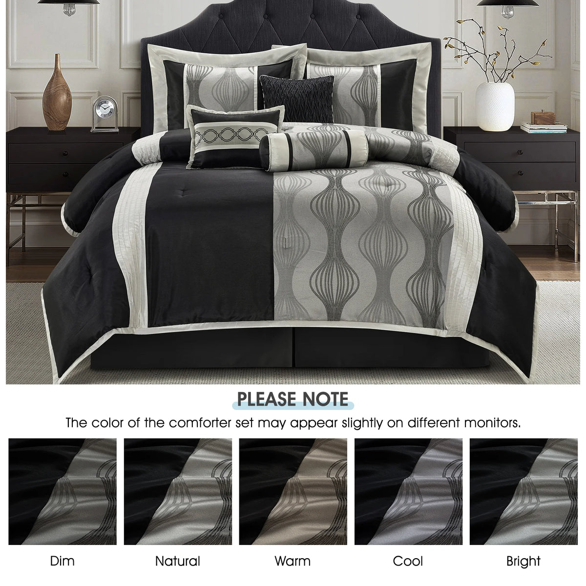 Lanco Black Silver Comforter Set , California King Size , 7 Pieces Fashion Jacquard Bedding Set
