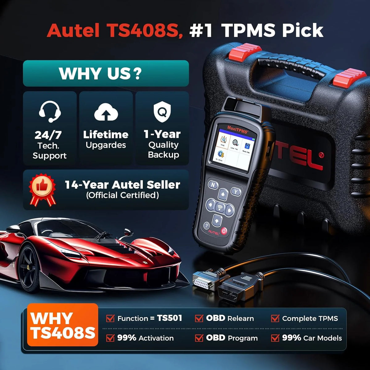 Autel MaxiTPMS TS408S, TPMS Relearn Tool Updated of TS401 TS408, OBD II Scanner, Read & Clear TPMS DTCs Relearn, Activation, TPMS Reset, Read Clear DTCs, Smae as TS501 TS601