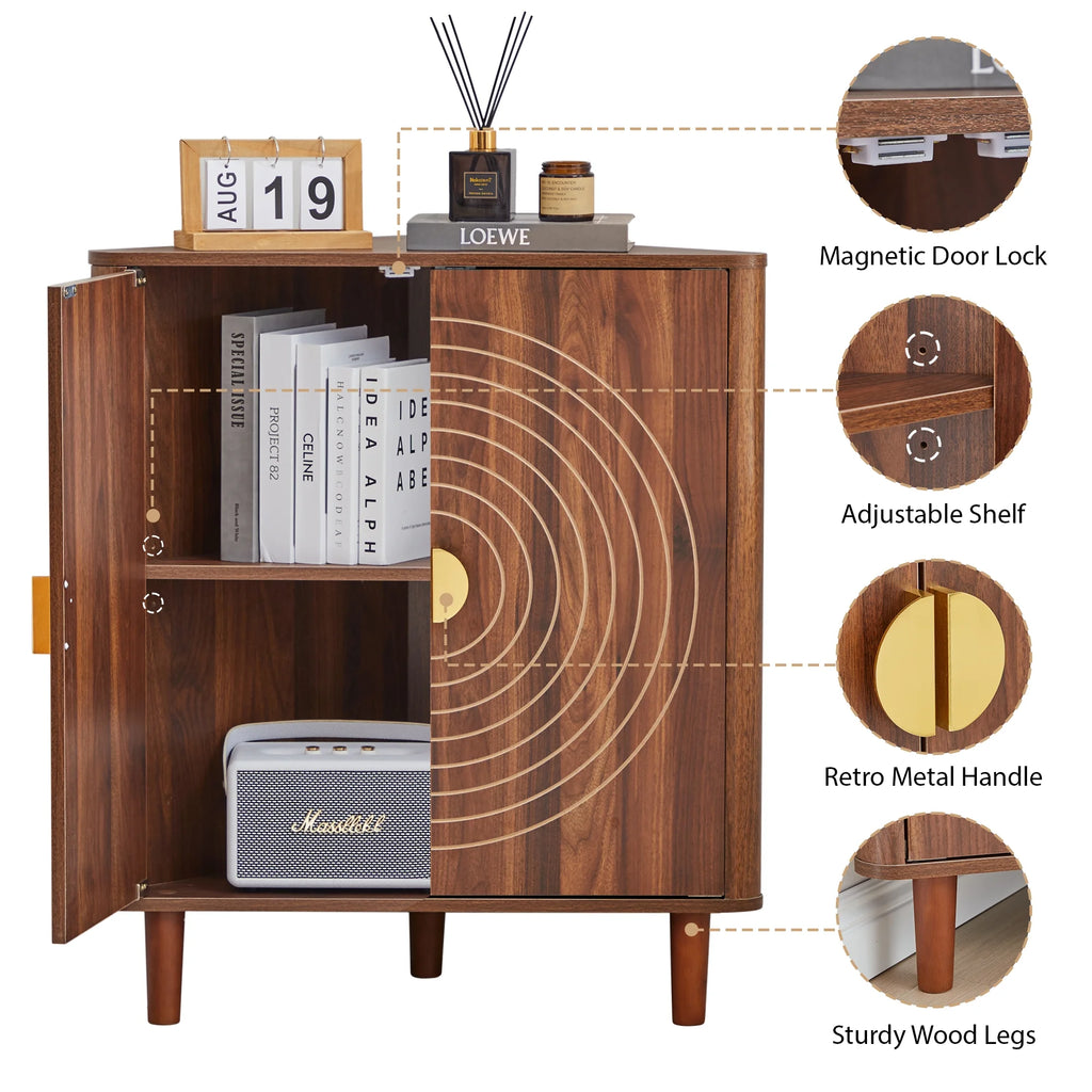 Accent Cabinet with Round Carved Line Door for Entryway Hallway, Walnut Sideboard Buffet Cabinet, Storage Cabinet with Adjustable Shelves for Living Room