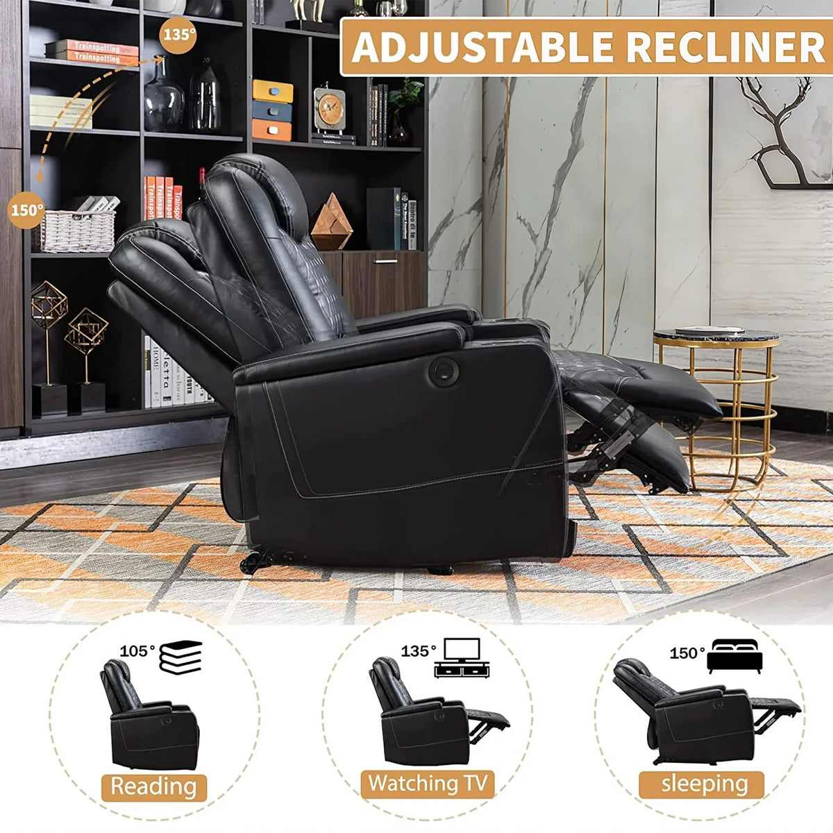 Bonzy Home Overstuffed Electric Home Theater Seating PU Leather Reclining Furniture with with USB Ports and Cup Holders and Hidden Arm Storage - Black
