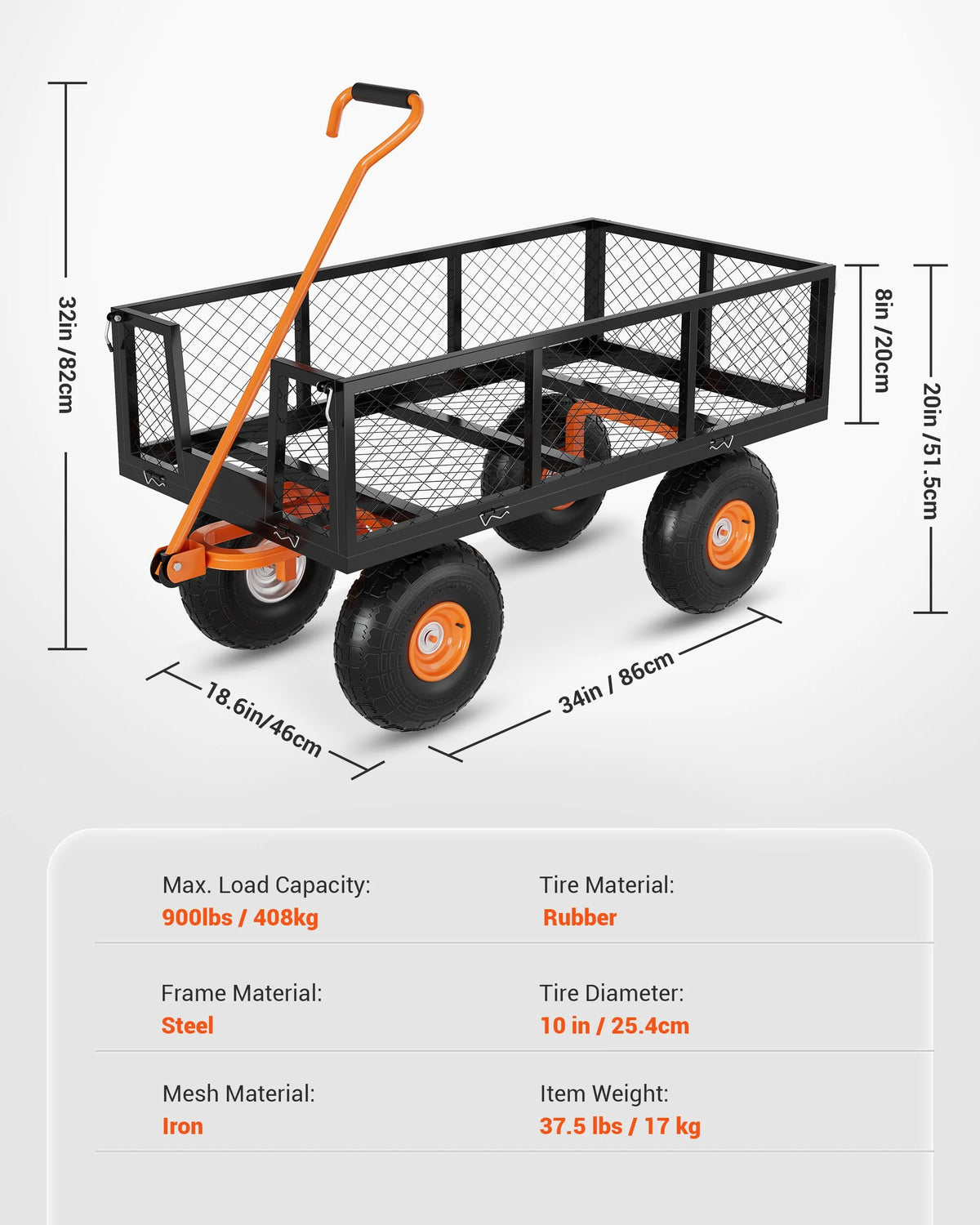 Heavy Duty Steel Garden Cart, Garden Wagon Cart on Wheels, Outdoor Metal Yard Utility Wagon Carts  w/Adjustable Handle & Removable Sides(Convert to Flatbed)