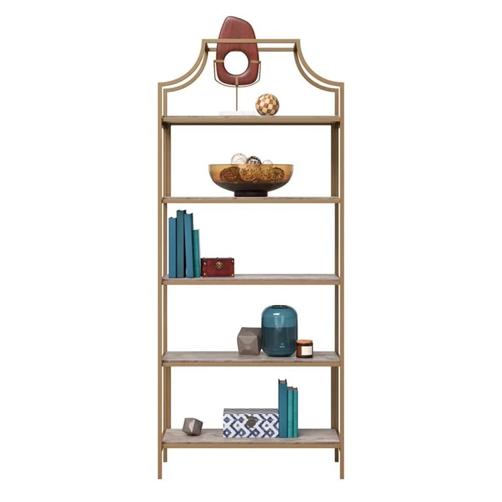 Pemberly Row 5-Shelf Modern Metal Bookcase in Gold Satin/Faux Deco Stone